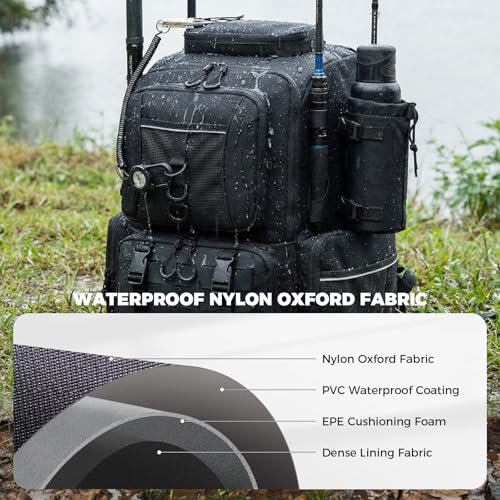 WANOON 45L Fishing Backpack | Waterproof, Insulated Bait Pocket, 4 Rod Holders, Easy-to-Clean Cooler Liner - color: Black, size: 45L-Without Tackle Boxes