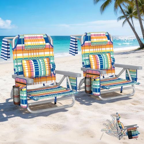 5-Position Backpack Beach Chairs for Adults, Foldable Heavy-Duty Beach Chair with Lumbar,Cooler Bag,Cup Holder,Towel Rack for Beach, Camping, Outdoor(2Pack)