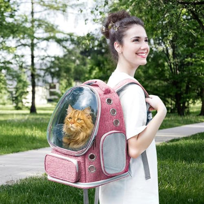 Cat Backpack Carrier with Large Space Bubble Window, Airline Approved Breathable Pet Carrier for Small Dogs Cats up to 15lbs, Foldable for Travel Hiking & Outdoor Use - color: Pink