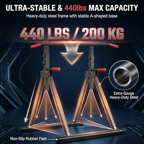 Foldable Pull Up Bar Standing Power Tower, Multi-Function Dip Station, 6-Level Adjustable Height Strength Training Equipment for Home Gym, 440lbs Capacity