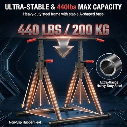 Foldable Pull Up Bar Standing Power Tower, Multi-Function Dip Station, 6-Level Adjustable Height Strength Training Equipment for Home Gym, 440lbs Capacity