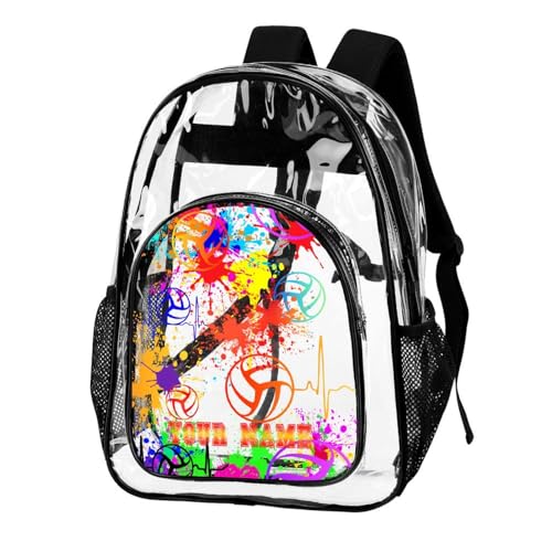 Custom Volleyball Clear Backpack Heavy Duty for Girls Kids Boys | Large Cool PVC Volleyball Theme Printing Transparent Backpacks for Schools Stadium Concerts Work - Clear/Black - color: Volleyball Clear Backpack 1 Black With Front Pocket Custom