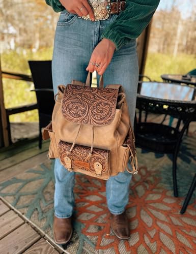Montana West Wrangler Backpack Purse for Women Men Western Backpack Floral Tooled Travel Bags - color: Carve Khaki