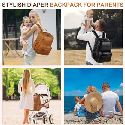 VASCHY Diaper Bag Backpack for Mum Dad, Unisex Large Waterproof Vegan Leather Baby Bag with Changing Pad,Insulated Pockets,Padded Laptop Sleeve for Travel,Brown - color: Tan