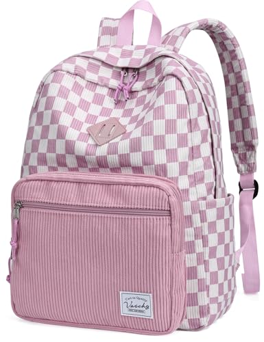 VASCHY Corduroy Backpack for Girls, Lightweight School Bag for Elementary, Middle & High School, Teen Bookbag, Women’s Casual Travel Daypack Pink Plaid - color: Pink White Plaid