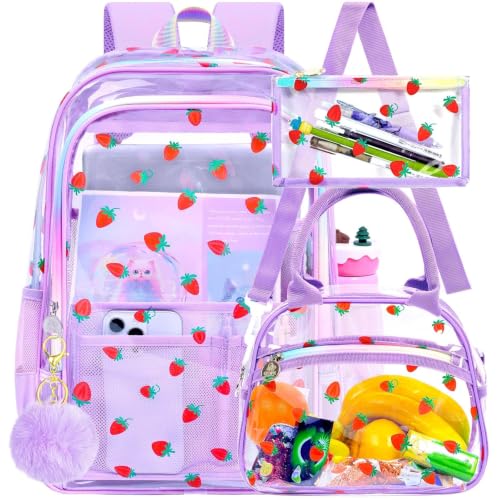 gxtvo 3PCS Clear School Backpack Heavy-Duty Set for Women & Teen Girls, 17" Purple Transparent Bag with Rainbow Strap, Cute Strawberry See Through Bookbag - color: Purple Strawberry Clear Backpack Set