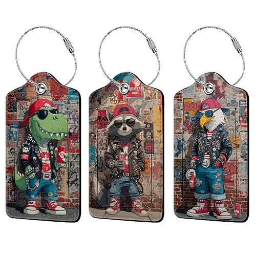 Cool Bald Eagle 3 Pack Luggage Tags,Rock Raccoon PU Leather Luggage Tags for Suitcase,Name ID Labels with Privacy Cover Suitcases and Metal Loop for Travel Bag Suitcase - color: Cool Bald Eagle