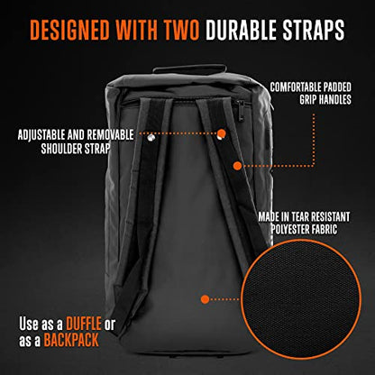 SQUATZ Duffle Bag Backpack, Gym Bag and Sports Bag, Removable Shoulder Straps, Carry On Weekend Bag for Airplane, Workout Overnight Backpack for Travel for Men and Women, USB Port, Black