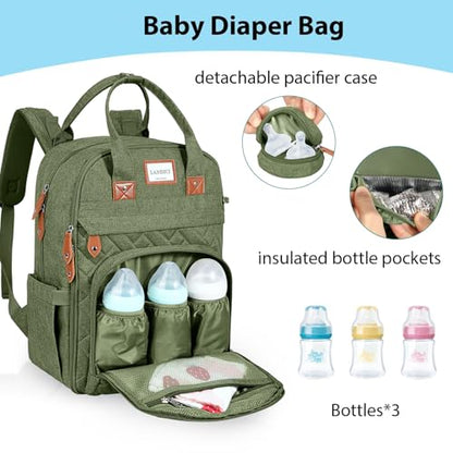 LANDICI Diaper Bag Backpack, Multifunction Baby Diaper Bags with Changing Pad, Stroller Straps & Pacifier Case, Travel Essentials Back Pack for Mom Dad Boy Girl, Large Capacity, Waterproof, Army Green - color: Army Green