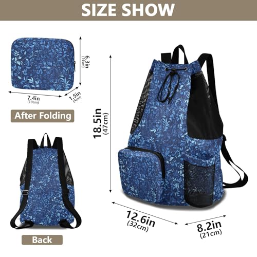 Yuiboo Dark Blue Leaves Drawstring Backpack Gym Swim Bag with Water Bottle Pocket String Backpack Bag Wet and Dry Separation
