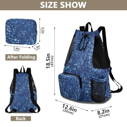 Yuiboo Dark Blue Leaves Drawstring Backpack Gym Swim Bag with Water Bottle Pocket String Backpack Bag Wet and Dry Separation