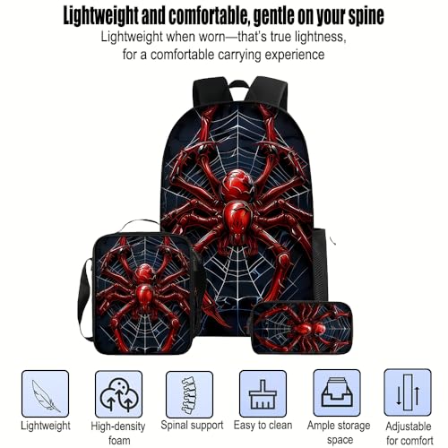 3 in 1 Spider Pattern, 17'' Large-Capacity Backpack Set With a Fashionable and Personalized Style is Exquisitely Designed and Widely Applicable, Making it an Ideal Choice(Red)