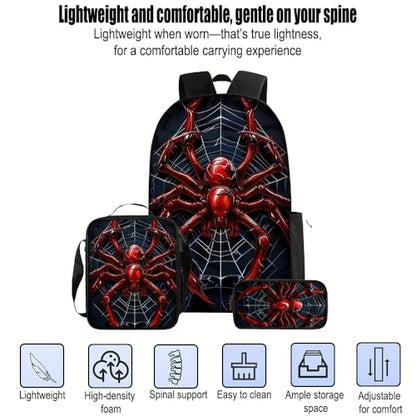 3 in 1 Spider Pattern, 17'' Large-Capacity Backpack Set With a Fashionable and Personalized Style is Exquisitely Designed and Widely Applicable, Making it an Ideal Choice(Red)