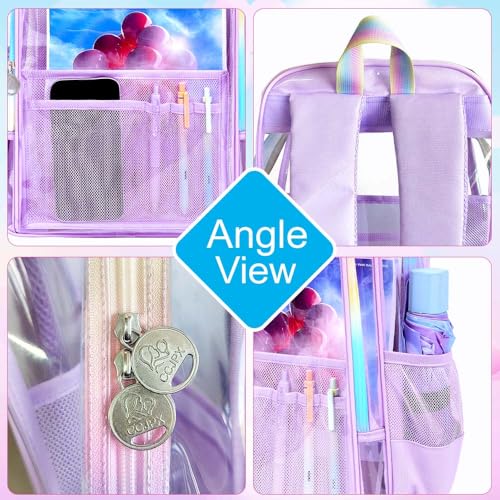gxtvo Clear Backpack, Heavy Duty Transparent Bookbag, See Through Backpacks for Women Men | Heavy Duty - color: Chic Purple Clear Backpack