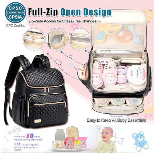 Weitars Diaper Bag Backpack Leather Baby Diaper Bag with Changing Pad Travel Diaper Backpack,Baby Bag for Mom,Stroller Straps,5 Insulated Pockets (Black Leather) - color: Black Leather