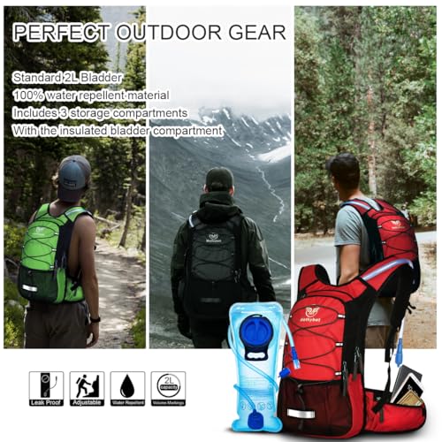Mothybot Hydration Pack, Insulated Hydration Backpack with 2L BPA Free Water Bladder and Storage, Hiking Backpack for Men, Women, Kids for Running, Cycling, Camping - Keep Liquid Cool up to 5 Hours - color: Red