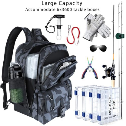 Fishing Backpack with Tackle Boxes,Fishing Sling Tackle Bag with Rod Holder Waterproof Fishing Bag with Fishing Gear, Fishing Gifts for Men Women Gear Combo Kit,Camouflage Black - color: Camouflage Black