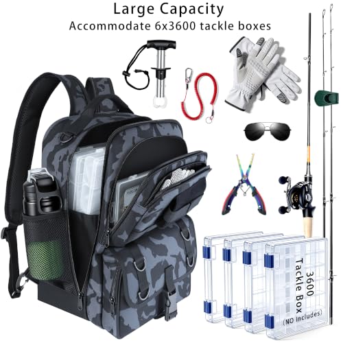 Fishing Backpack with Tackle Boxes,Fishing Sling Tackle Bag with Rod Holder Waterproof Fishing Bag with Fishing Gear, Fishing Gifts for Men Women Gear Combo Kit,Camouflage Gray - color: Camouflage Gray