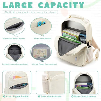 NOL Natural Organic Lifestyle Kids Backpack, School Backpacks for Teens Girls Boys, School Bookbag with Pencil Bag & Reflective Stripe for Elementary School - Cream - color: Cream