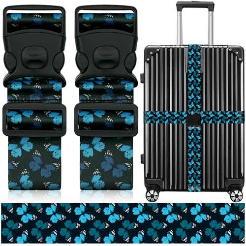 2 Pack Luggage Straps for Suitcases, Adjustable Travel Belt with Double Lock and Quick Release Buckle, Heavy Duty Nylon Bag Packing Strap, Unique Identifiers Travel Accessories-Blue Butterfly - color: 24020 Blue Butterfly