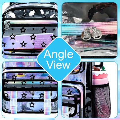 KLFVB 3PCS Clear School Backpack Heavy Duty, Girls See Through Bookbag Set, Cute Transparent Bag for Women - Star Black - color: Star Black Clear Backpack