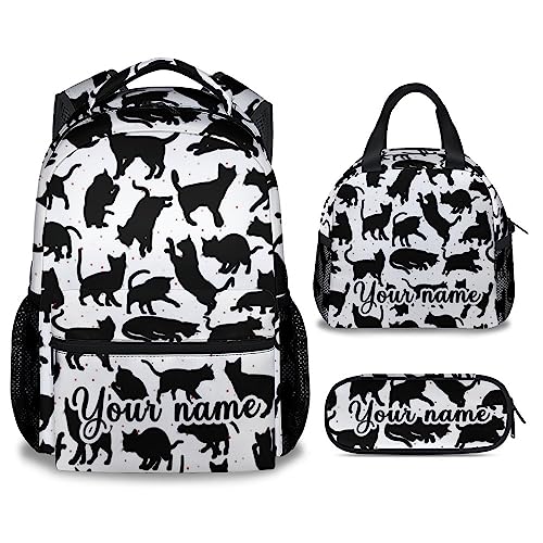 Personalized Cat Backpack with Lunch Box and Pencil Case, 16 Inch Cat Theme Bookbag with Adjustable Straps, Durable, Lightweight, Large Capacity, School Backpack for Girls Women - color: Color-3-3
