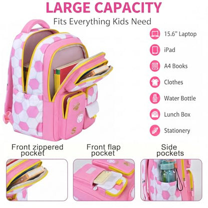3PCS Kids Backpack Set, School Backpack with Lunch Bag & Pencil Case, Lightweight Waterproof Bookbag for Kids (Pink soccer) - color: Pink Soccer