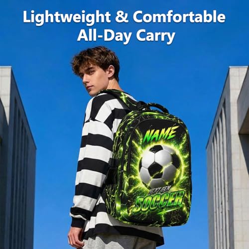 Boys Soccer Backpack with Personalized Name, 17 Inch Kids School Backpacks with 3 Compartments - Custom Sport Bookbag for Elementary Students, Reflective Ergonomic Design with Chest Strap - color: Green