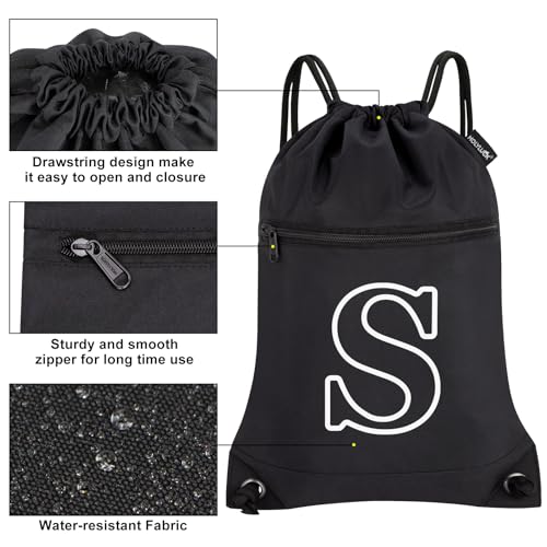HOLYLUCK Drawstring Bags Initial Backpack Sackpack Cinch Bags for Sports, Gym, Travel, Beach (Black-S) - color: Black-s
