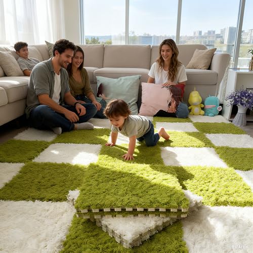 Thickened Plush Foam Interlocking Floor Carpet Mat, 24 Piece 12x12in Fluffy Square Puzzle Foam Carpet Tiles with Edgings, Soft Anti-Slip Shaggy Area Rug Playmat (Green+White) - color: Green+white