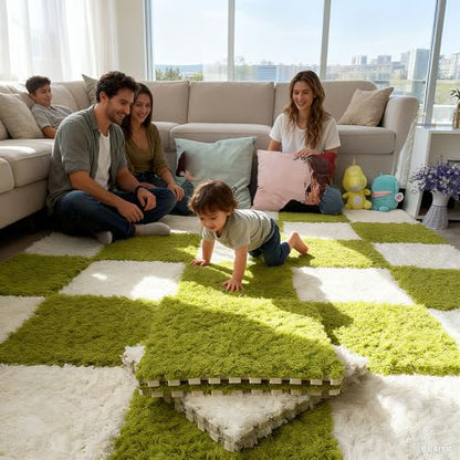 Thickened Plush Foam Interlocking Floor Carpet Mat, 24 Piece 12x12in Fluffy Square Puzzle Foam Carpet Tiles with Edgings, Soft Anti-Slip Shaggy Area Rug Playmat (Green+White) - color: Green+white