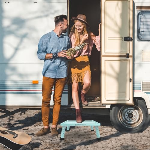 Adjustable Height Aluminum RV Step, Stable Foldable Platform Step Stool, Supports Up to 1,000 lb, Non-Slip Rubber Feet and Platform Mat, Easy to Carry (Green) - color: Green