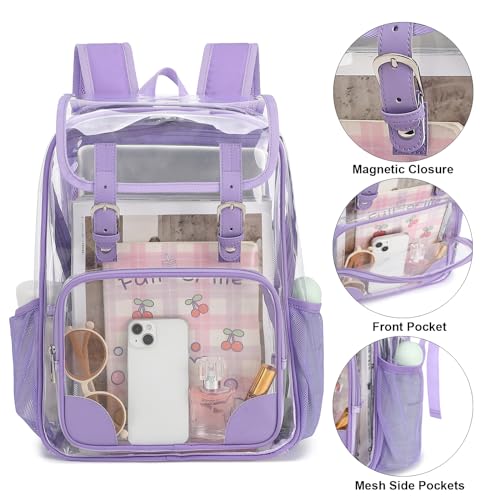 Fuyicat Clear Backpack Heavy Duty PVC Transparent Girls Kids School Backpacks Stadium Approved See Through College Bookbag for Women (Purple), Large - color: Purple
