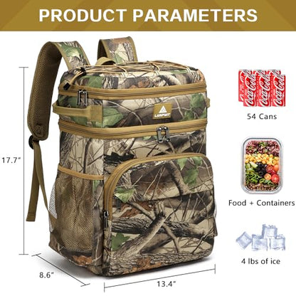 Laripwit Picnic Backpack Cooler - 54 Cans Large Soft Camo Lunch Backpack Bag Insulated Leakproof with Double Deck Compartment - color: Camo-with Stretchy Strap