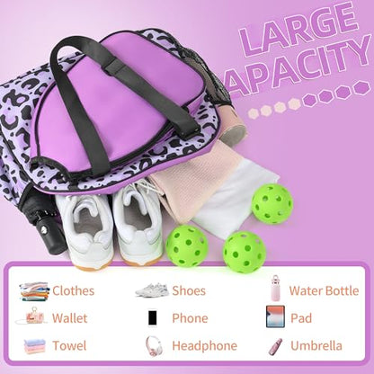 Boulder Bee Pickleball Bags, Premium Pickleball Tote Bag for Girls, Women’s Hand/Shoulder Gym Bag w Water Bottle Holder, with Pickleball Racquet/Paddle Holder - color: Leopard print-purple