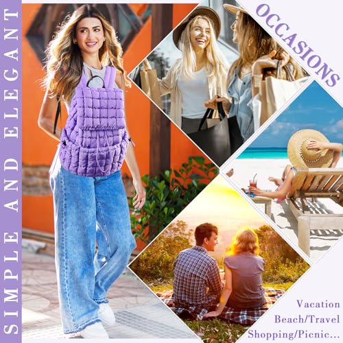IzuztA Quilted Puffer Backpack for Women, Lightweight Soft Nylon Quilted Hiker Pack Top Flap Drawstring Backpack, Trendy Puffy Padding Gym Travel Bag for Casual Daypack Hiking Sport (Purple) - color: Purple
