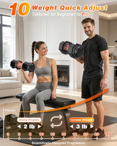 XDDIAS Adjustable Dumbbells Set of 2 for Strength Training, One-Hand Quick Adjust, 25/55/80/90 lbs Options, Anti-Slip Grip Handle, Compact Home Gym Weights for Men Women - color: Plus 10-Level 25LB Pair