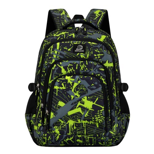 MYGOO Boys School Backpack Archibald Camo Green Bookbag for Elementary Middle School Ages 5-12, 17 inch Large Capacity 24L Kids Student Travel Bags - color: Archibald Camo Green