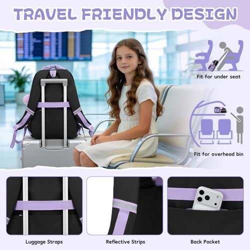 MUSEVOS Girls Backpack, Kids Backpack for Girls, School Bookbag for Teens Age 6-15, Large Capacity Water Resistant Backpack for Elementary to High School, Cute Travel Daypack, Black Purple 3pcs - color: Black Purple-3pcs