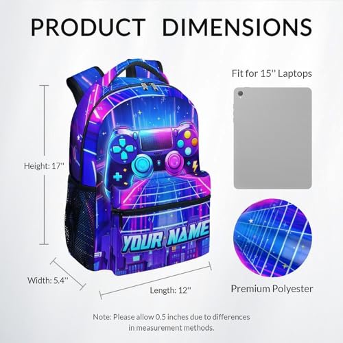 Personalized 17 Inch Gaming Backpack for Boys Kids Toddlers - Large Capacity Lightweight Gamer Bookbag for Preschool Kindergarten Elementary School - color: Purple