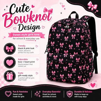 LOIDOU Girls Backpack for Kids Cute School Bookbag - color: Bow Black 215, size: L-17"