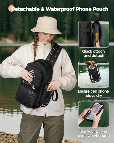 MATEIN Fishing Sling Bag with Lure Rod Holder & Phone Pouch, Waterproof 3600 Tackle Box Backpack with Removable Bait Binder - color: Black-pink