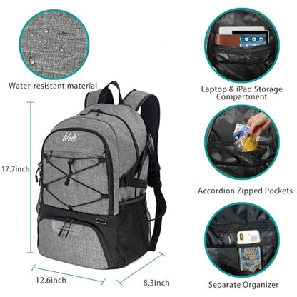 WOLT Basketball Backpack Large Sports Bag with Separate Ball Holder & Shoes Compartment, Best for Basketball, Soccer,Gym - color: Grey