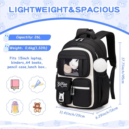PIG PIG GIRL Kids Backpack for Girls - School Bags for Middle School Students - Book Bag for Elementary Primary - Kawaii Ita Backpack - Black and Beige - color: Black and Beige