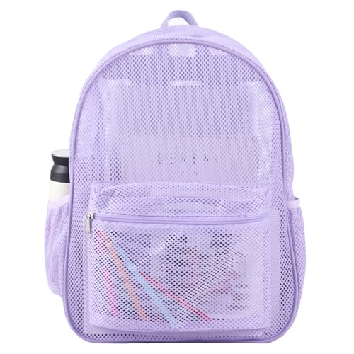 COVAX Mesh Backpack for School Heavy Duty See Through Net Bookbag Girls Boys Semi-Transparent Net Back Pack for Beach, Swimming, Sports, Work, Travel (Light Purple) - color: Light Purple