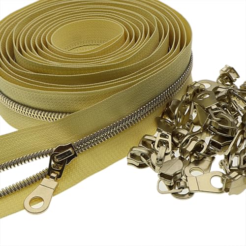 #5 Gold Metallic Nylon Coil Zippers by Yard Bulk Coil Zipper Roll 10 Yards with 25pcs Silver Pull for DIY Sewing Craft Bag(Yellow) YIGUANXIN - color: Yellow-Gold