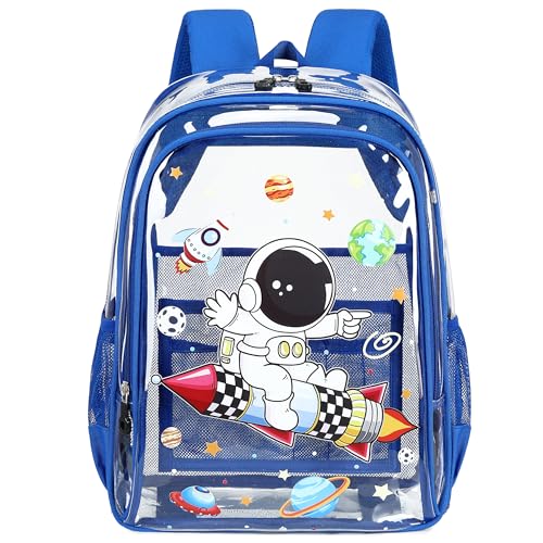 AO ALI VICTORY Clear Backpack for School,PVC Transparent Kids Bookbag for Girls Boys Cute Toddler Back Pack Kindergarten Elementary Schoolbag Stadium Approved See Through Backpacks,Blue Astronaut - color: Blue Astronaut
