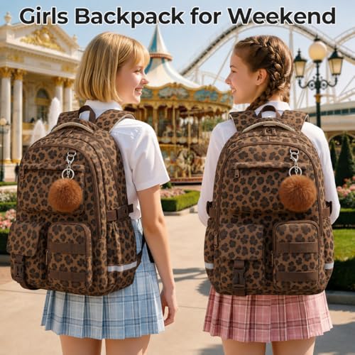 WOBAGMEN Cute Leopard Backpack for Teen Girls, Large Capacity Multi-Pocket School Bag Fits 15.6" Laptop, Lightweight Durable Daypack for School and Travel (Brown Leopard, M) - color: Brown Leopard