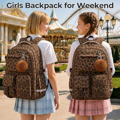 WOBAGMEN Cute Leopard Backpack for Teen Girls, Large Capacity Multi-Pocket School Bag Fits 15.6" Laptop, Lightweight Durable Daypack for School and Travel (Brown Leopard, M) - color: Brown Leopard