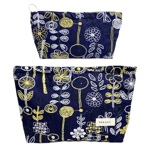 getgto 2 Pcs Makeup Bags, Large Cosmetic Bag Travel Toiletry Bag Organizer for Women, Embroidery Craft, Floral Makeup Bag Small Cosmetic Pouch Purse with Zipper, Gifts for Girls Teen (Blue-tree) - color: Blue-tree